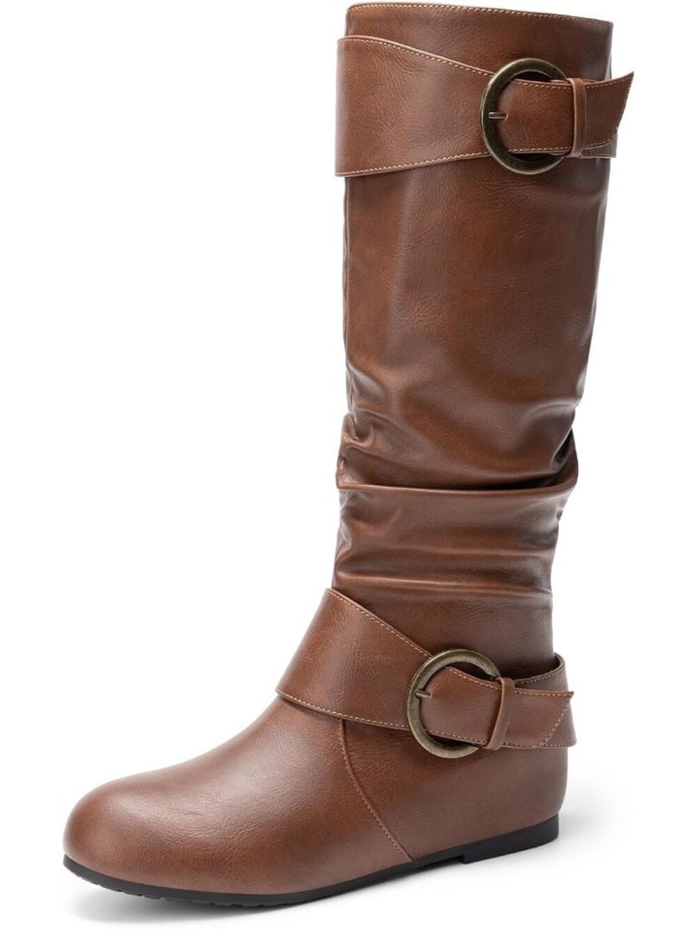 Women's Light Brown Faux Leather High Low Hidden Wedge Side Zip Knee High Boots